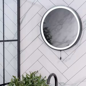 IP44 Matte Black Round LED Battery Operated Mirror with Pull Switch